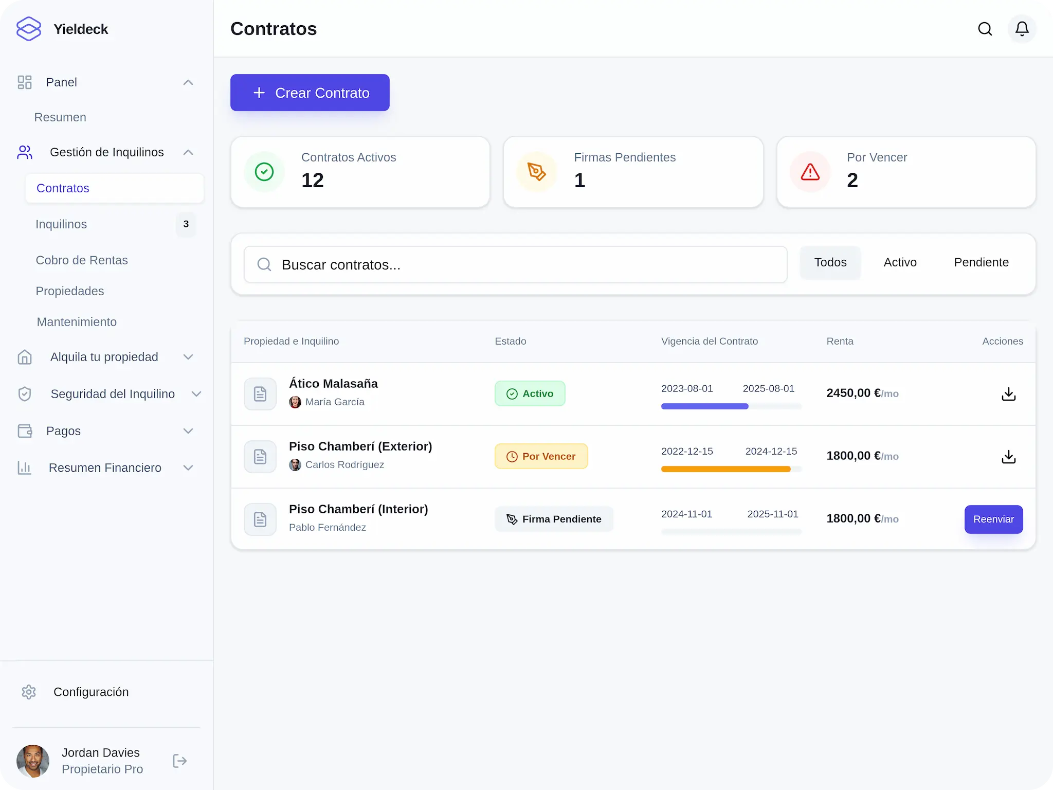 Yieldeck digital lease management dashboard showing active contracts