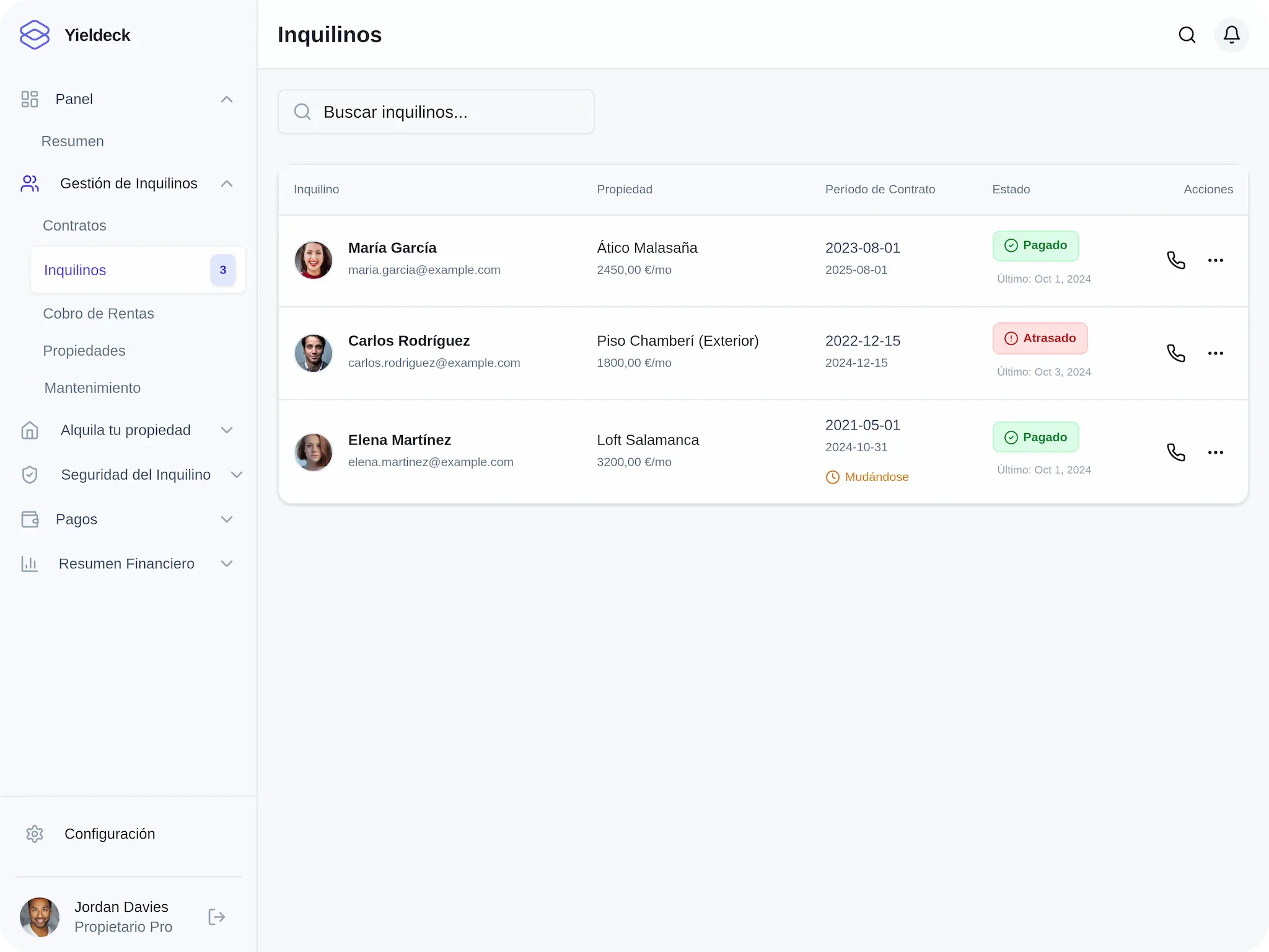 Yieldeck tenant management interface with contact details